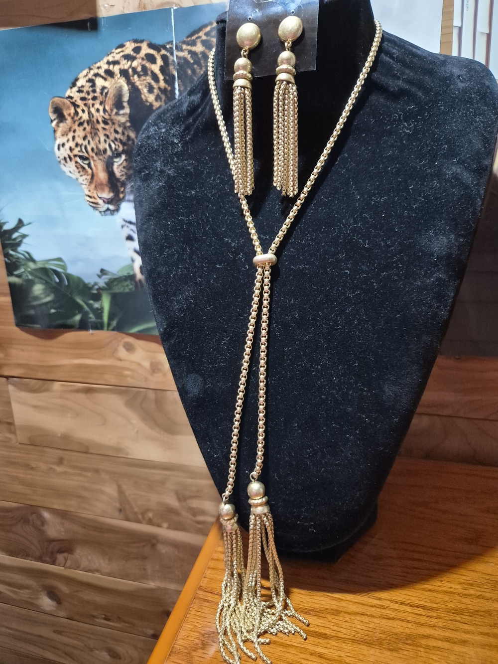 Gold Matte Tassel Lariat Necklace and Earring Set